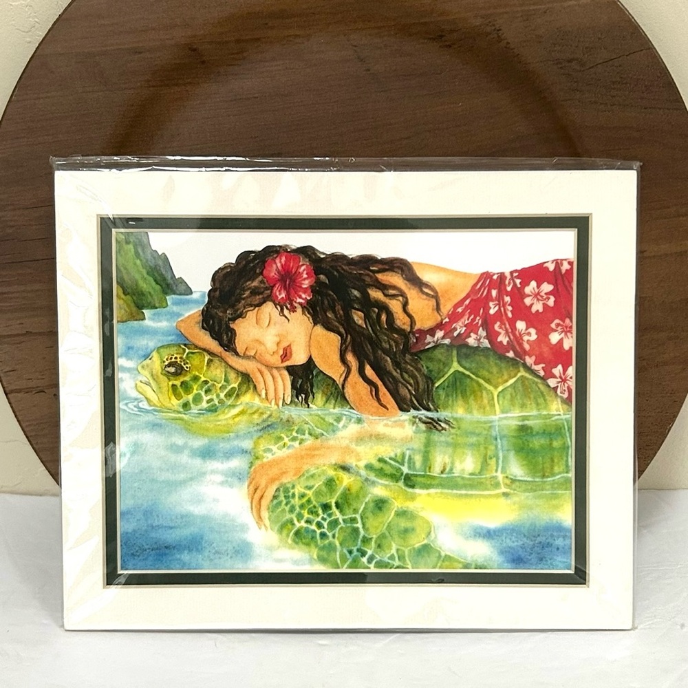 NEW Joanna Carolan 8x10 “Lau-kia-manu-i-kahiki" Matted Print Girl/Sea Turtle
